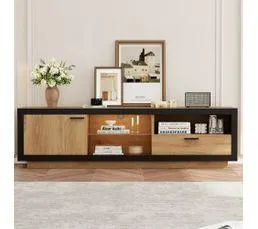 MODFU Meuble TV Noir Et Chêne Avec Éclairage LED Et Rangement, 160x40x50 Cm
