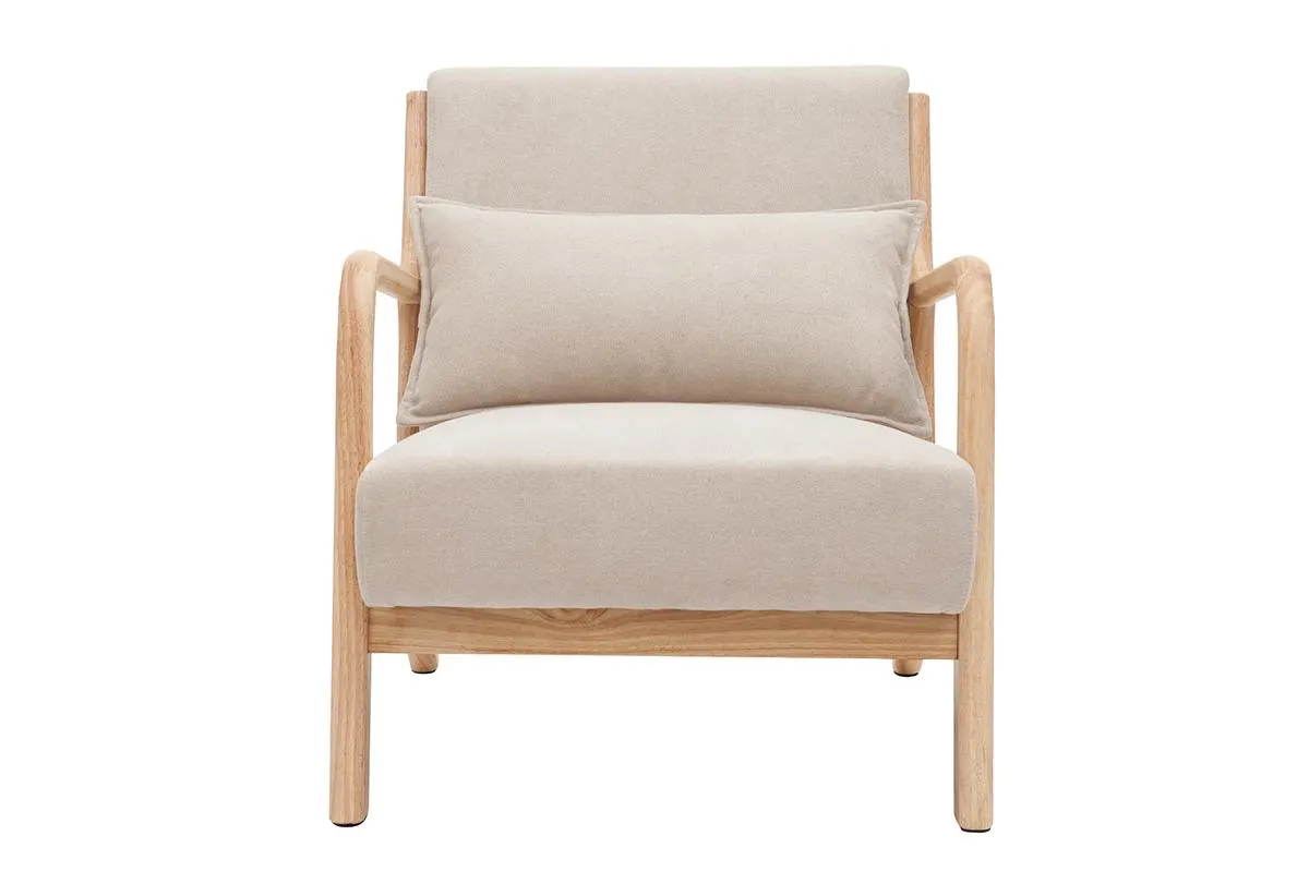 Fauteuil scandinave en tissu effet velours beige et bois clair massif DERRY