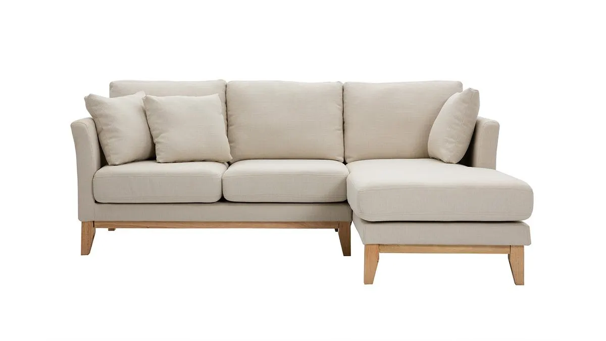 Canapé d'angle droit déhoussable 4 places en tissu beige et bois clair OSLO