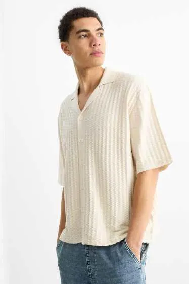Knitted shirt - regular fit - lapel collar - textured