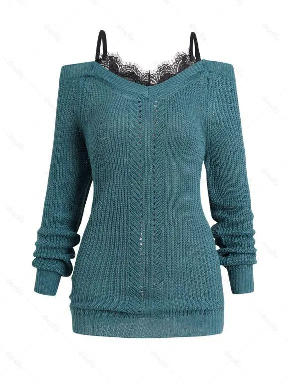 Pull Décontracté Evidé en Dentelle Insérée Epaule Dénudée à Manches Longues