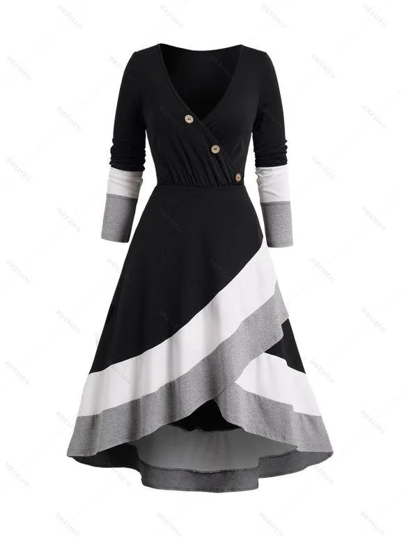 Robe Mi-Longue Superposée Boutonnée Plongeante Panneau en Blocs de Couleurs à Manches Longues