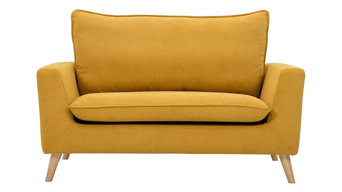 Canapé scandinave 2 places en tissu effet velours jaune moutarde et bois clair JONAS