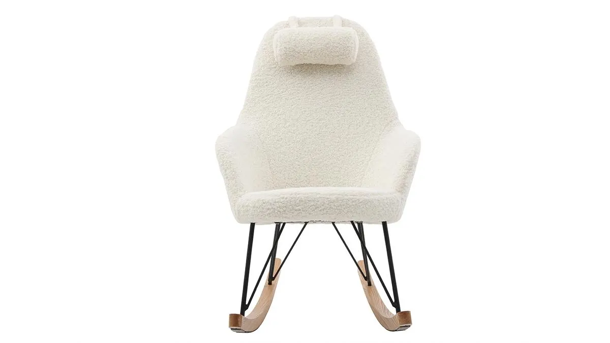 Rocking chair scandinave en tissu effet peau de mouton blanc, métal noir et bois clair JHENE