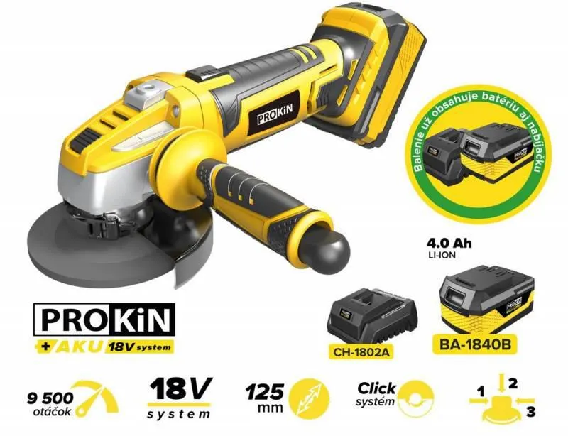 Brúska uhlová AG-L0118, 125 mm AKU 18V PROKIN - STARTER KIT (s batériou a nabíjačkou)