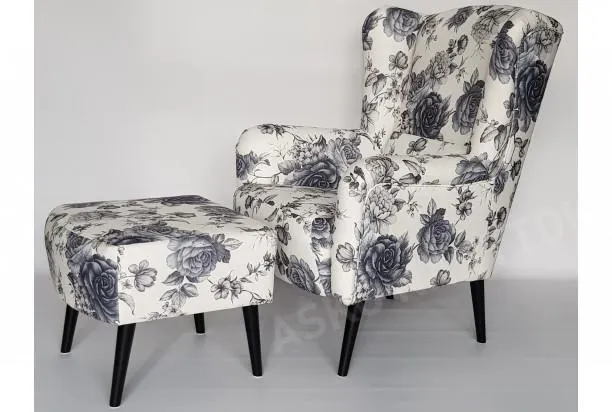 Kreslo s taburetom Canto, šedý kvetinový motív