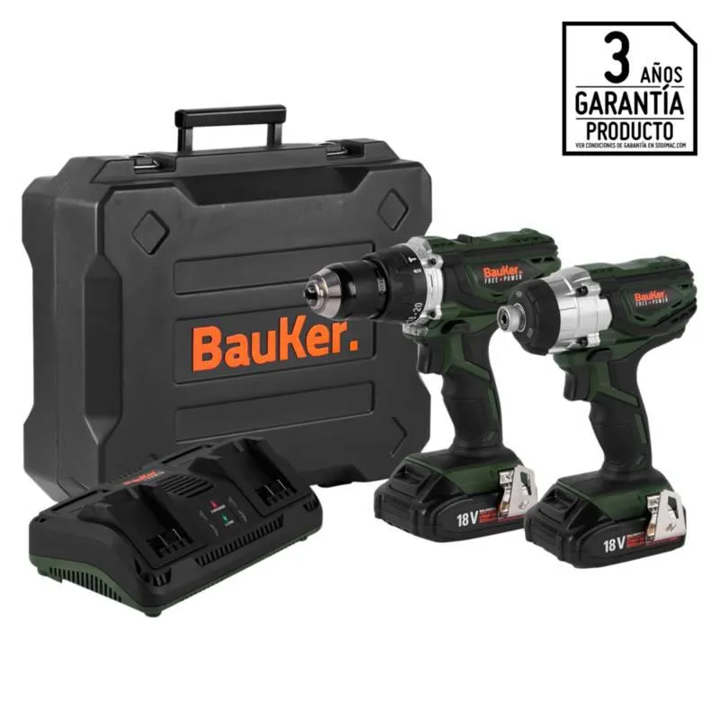 Taladro Percutor 1/2"+ Atornillador de Impacto 1/4" Inalámbrico 18V + 2 baterías + Cargador + Maletín Bauker