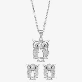 Silver Cubic Zirconia Owl Pendant and Earring Set E615090+P614130