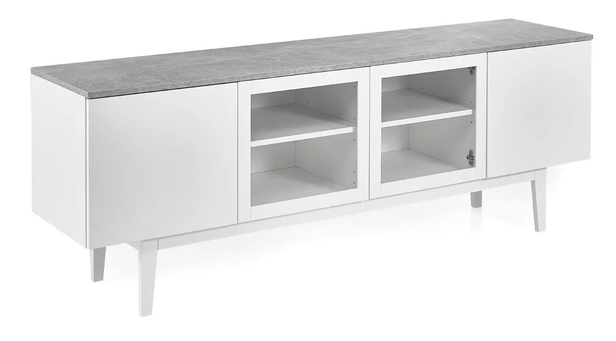 KATAJA tv-taso 180 cm, umpi- ja lasiovilla Valkoinen/Betoninväri