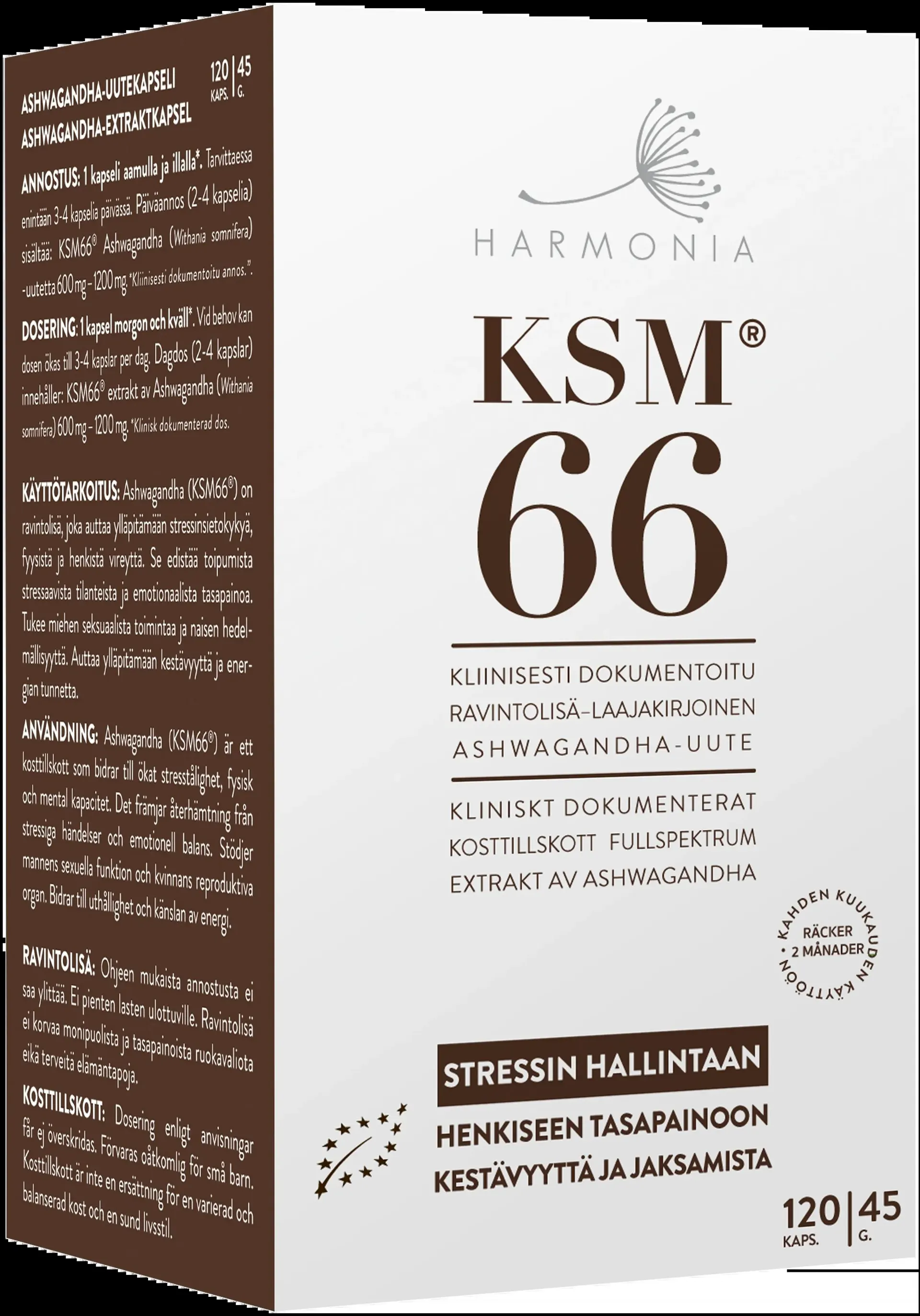 Harmonia KSM66 Luomu Ashwagandha-uutekapseli ravintolisä 45g/120kaps
