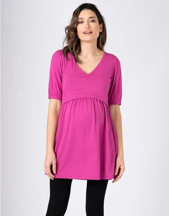 Pink V-Neck Maternity to breastfeeding Smock Tunic Top