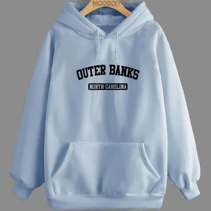 Blusão Moletom Algodão Moleton Casaco Fechado Feminino Blusa de Frio Mooboo Canguru azul claro bebe Capuz e Bolso Canguru estampa outer banks