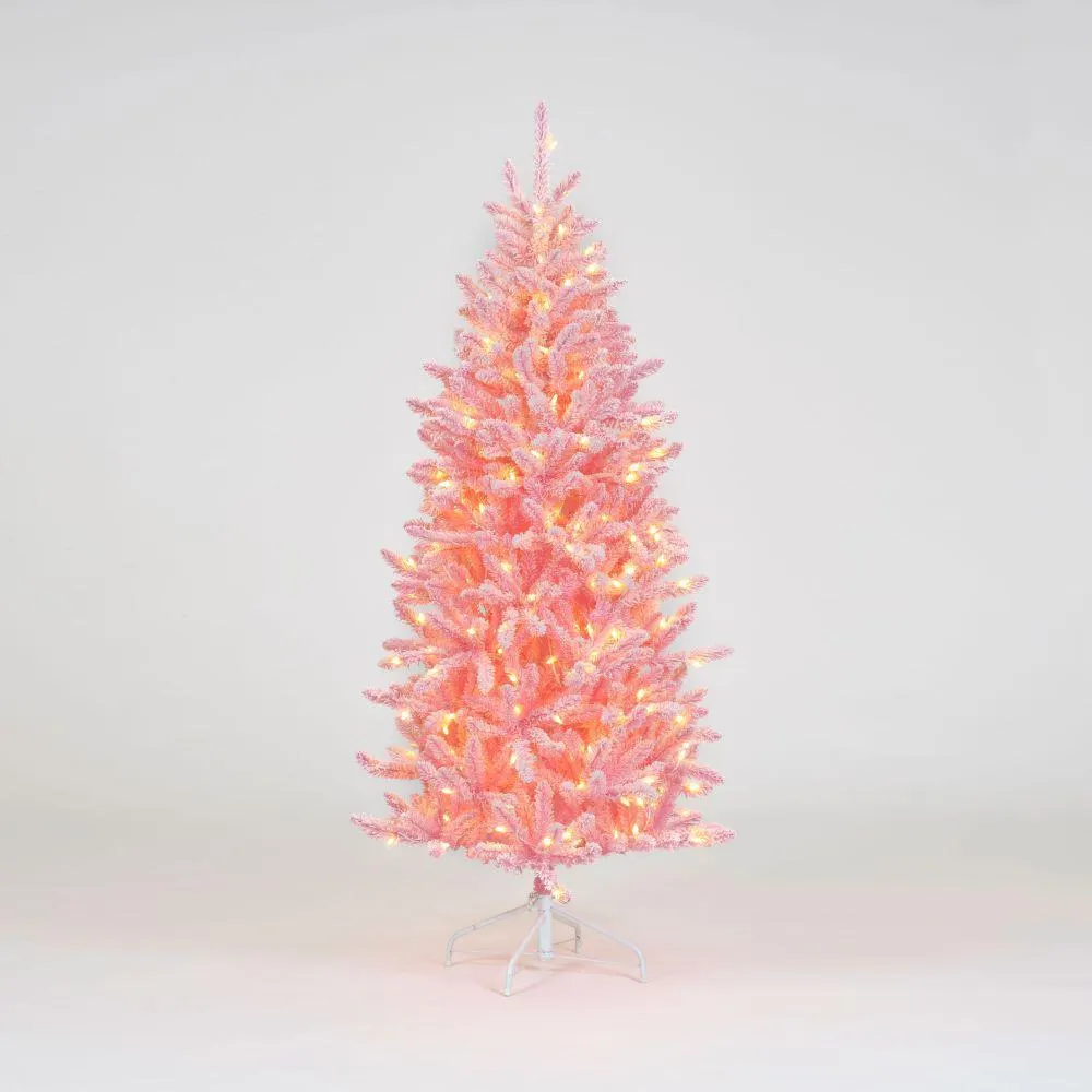 Pre-Lit Pink Flocked Hinged Christmas Tree