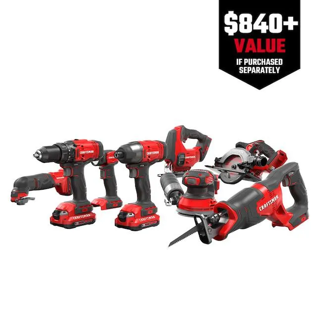 CRAFTSMAN V20 8-Tool 20-volt Max Power Tool Combo Kit with Soft Case (2 Li-ion Batteries Included and Charger Included)
