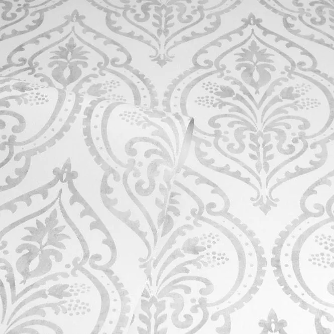Moroccan Damask wallpaper in White, Silver