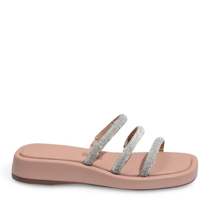 Rasteira Bege Rosado com Três Tiras de Strass