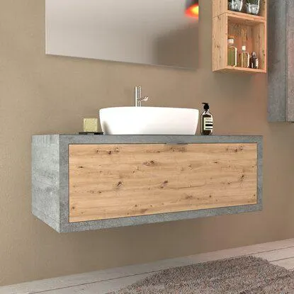 Mobile bagno sospeso 110 cm cemento con 1 cassetto rovere