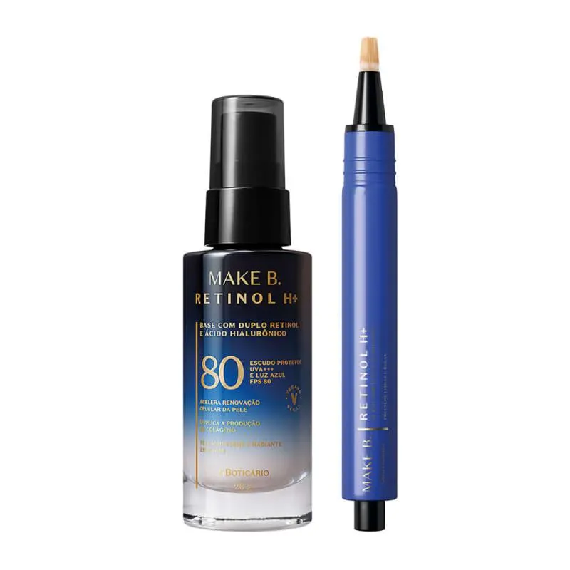 Combo Make B. Retinol: Base Líquida Cor 15 26g + Corretivo Iluminador Cor 30 2,5g
