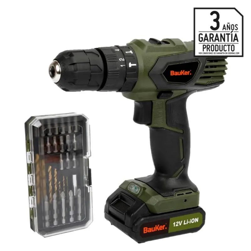 Taladro Percutor Inalámbrico 13mm 12V + Accesorios 29Pz Bauker