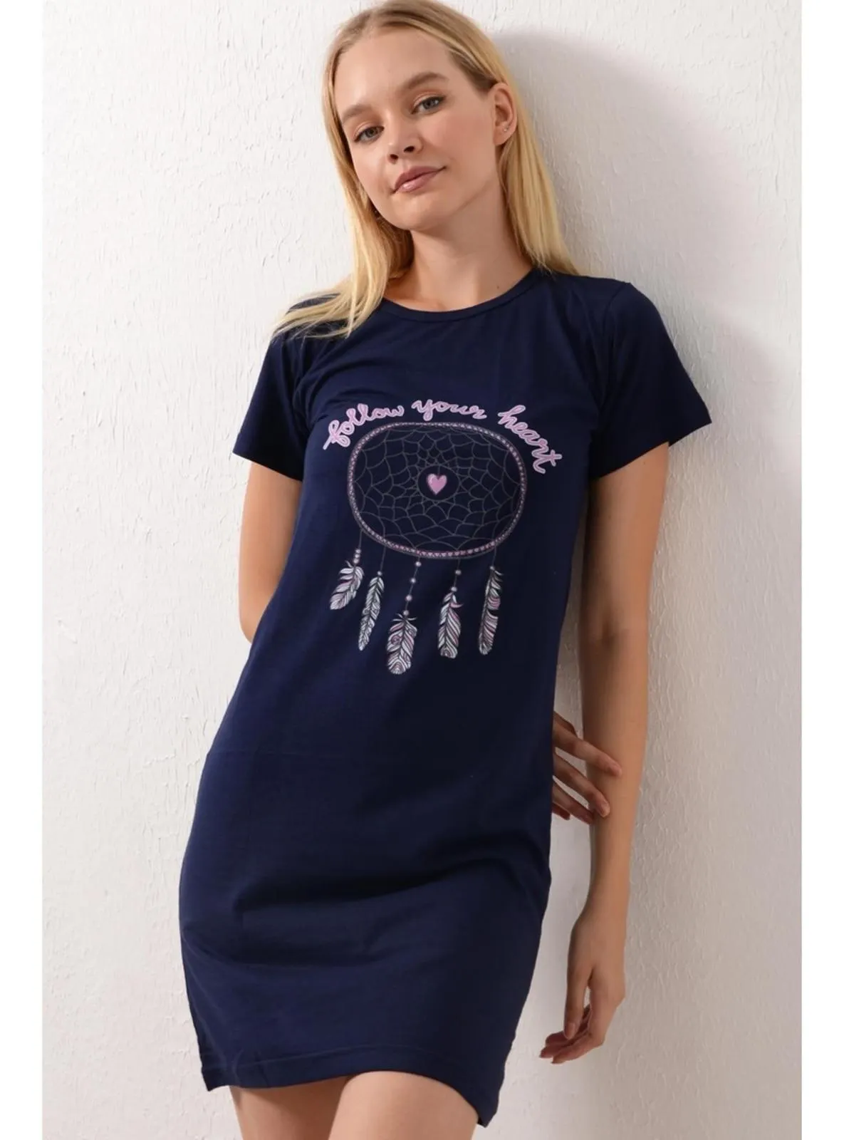 Women's Navy Blue Prınted Short Sleeve Nıghtdress Pmel25536 Navy Blue