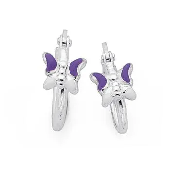 Sterling Silver Lavender Enamel Butterfly Hoops