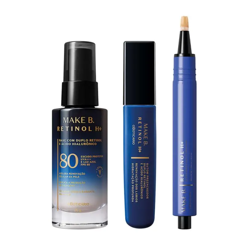 Combo Make B. Retinol: Base Líquida Cor 15 26g + Corretivo Iluminador Cor 30 2,5g + Batom Líquido Red Velvet 8ml