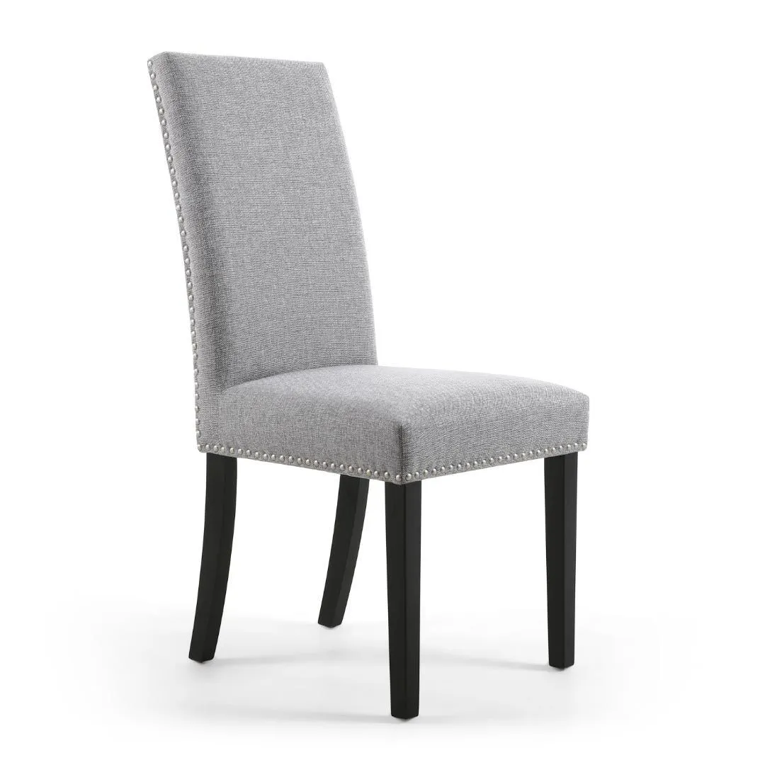 Randall Stud Detail Linen Effect Silver Grey Dining Chair In Black Legs Set Of 2