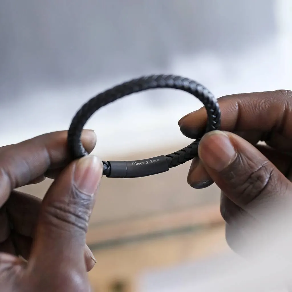 Men's Personalised Leather Bracelet With Matt Clasp