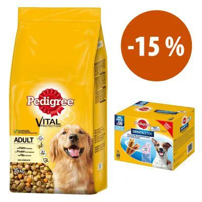 Pedigree ração 15 kg + 56 uds. Dentastix cães de porte pequeno preço especial!