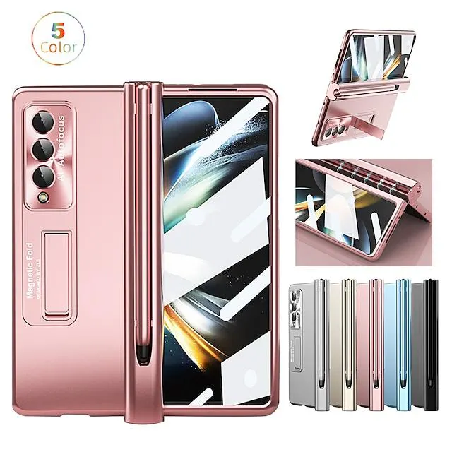 Phone Case For Samsung Galaxy Full Body Case with S Pen Magnetic Adsorption Z Fold 4 Z Fold 3 and Screen Protector Full Body Protective Camera Lens Protector Solid Colored Tempered Glass PC Metal