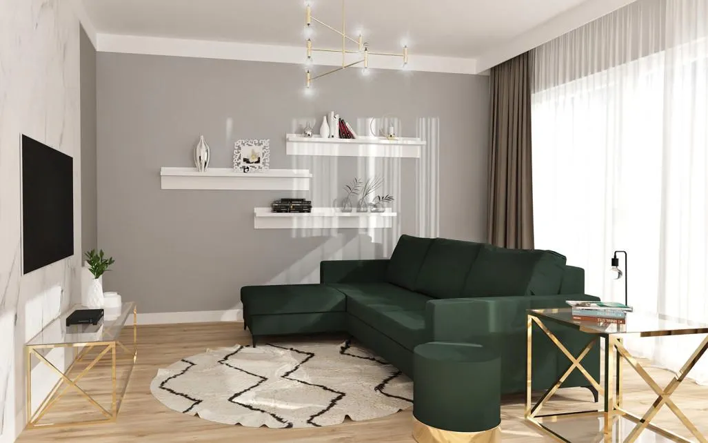 Narożnik Milano (plusz zieleń) z półkami - aranżacja