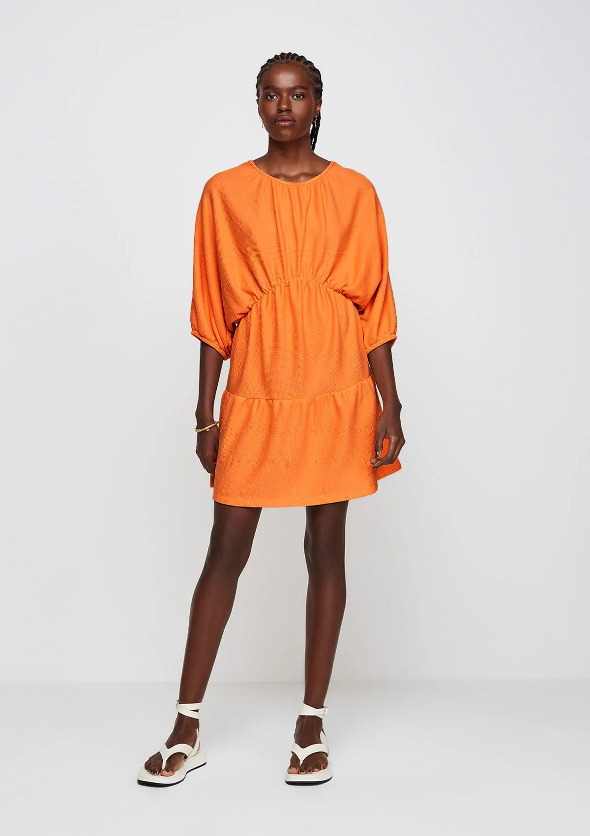 Vestido Curto Em Malha Texturizada - Laranja