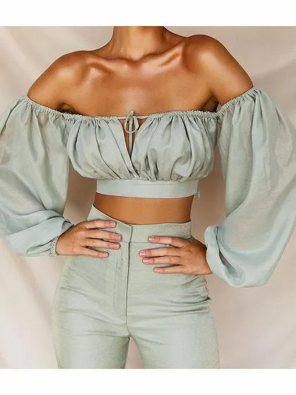 Green Chiffon Off Shoulder Puff Sleeve Crop Top
