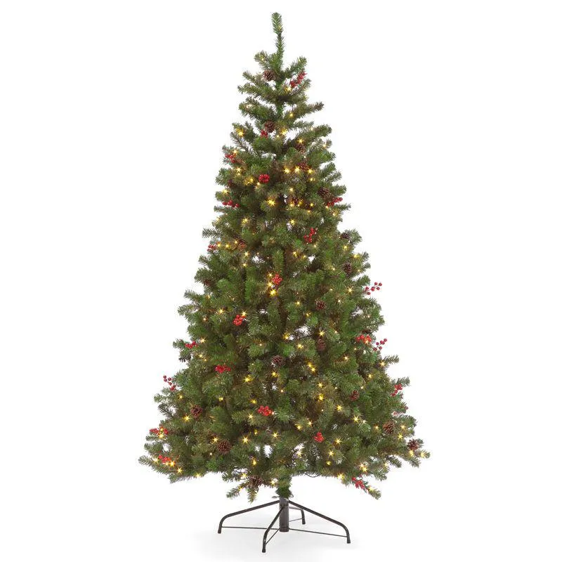Pre-Lit LED Pine Creek Green Hinged Christmas Tree with Berries