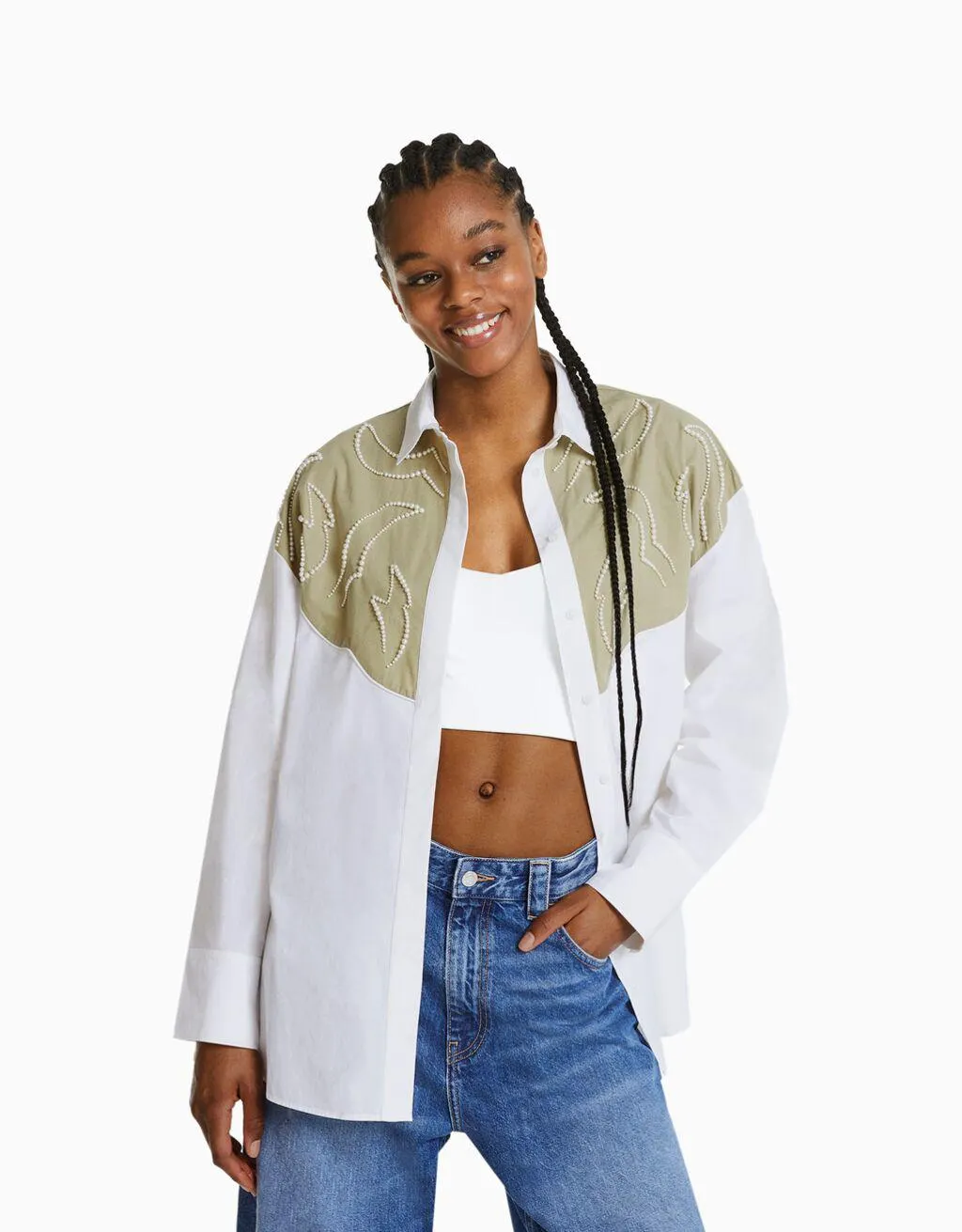 Oversize long sleeve poplin shirt with faux pearl beads on the yoke