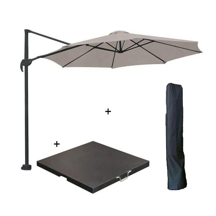 Hawaii zweefparasol S Ø300 - donker grijs/zand met 60 kg parasolvoet en parasolhoes