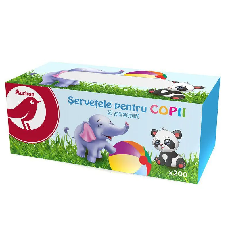 Servetele faciale Auchan, pentru copii, 2 straturi, 200 bucati