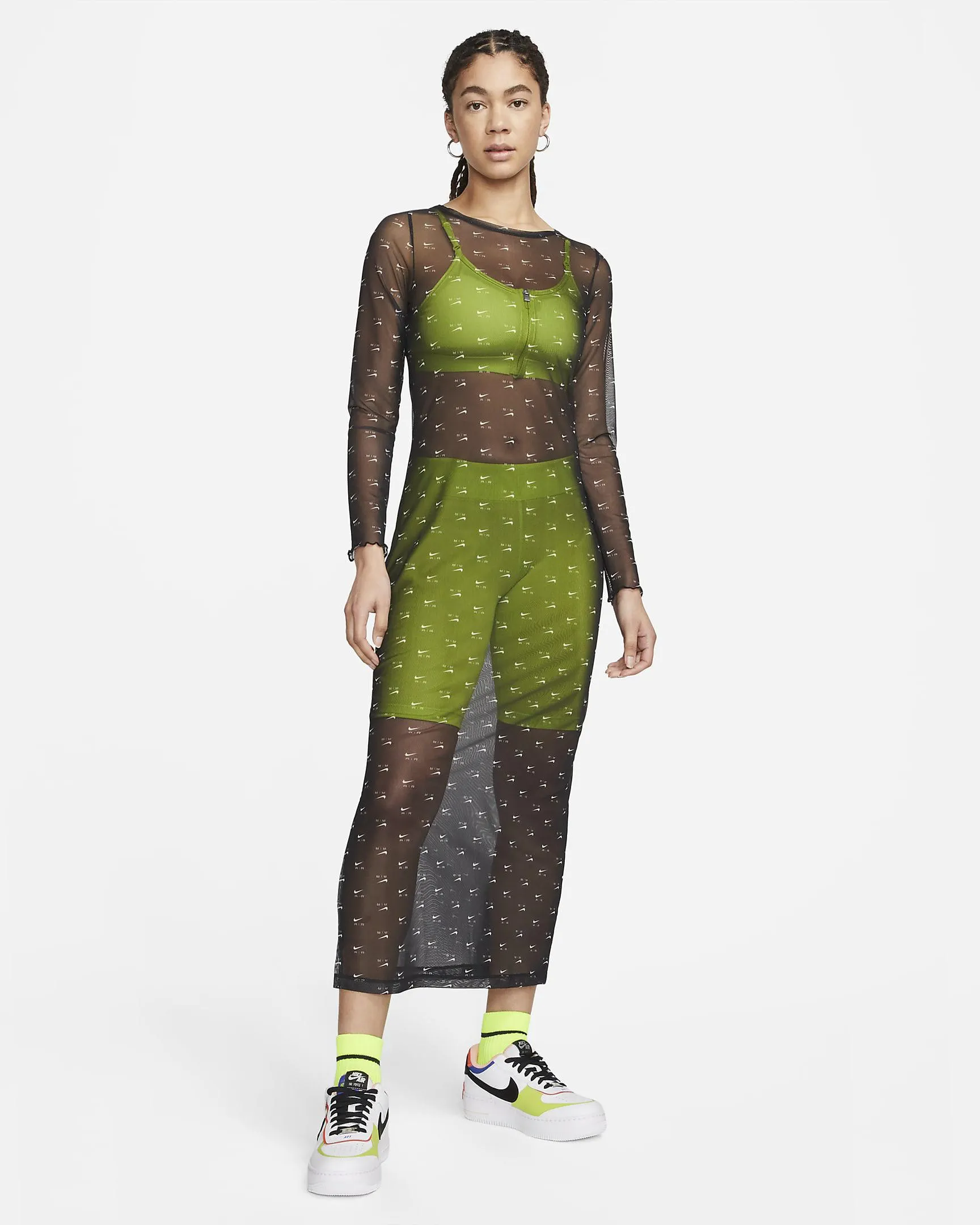 Women's Printed Mesh Long-sleeve Dress