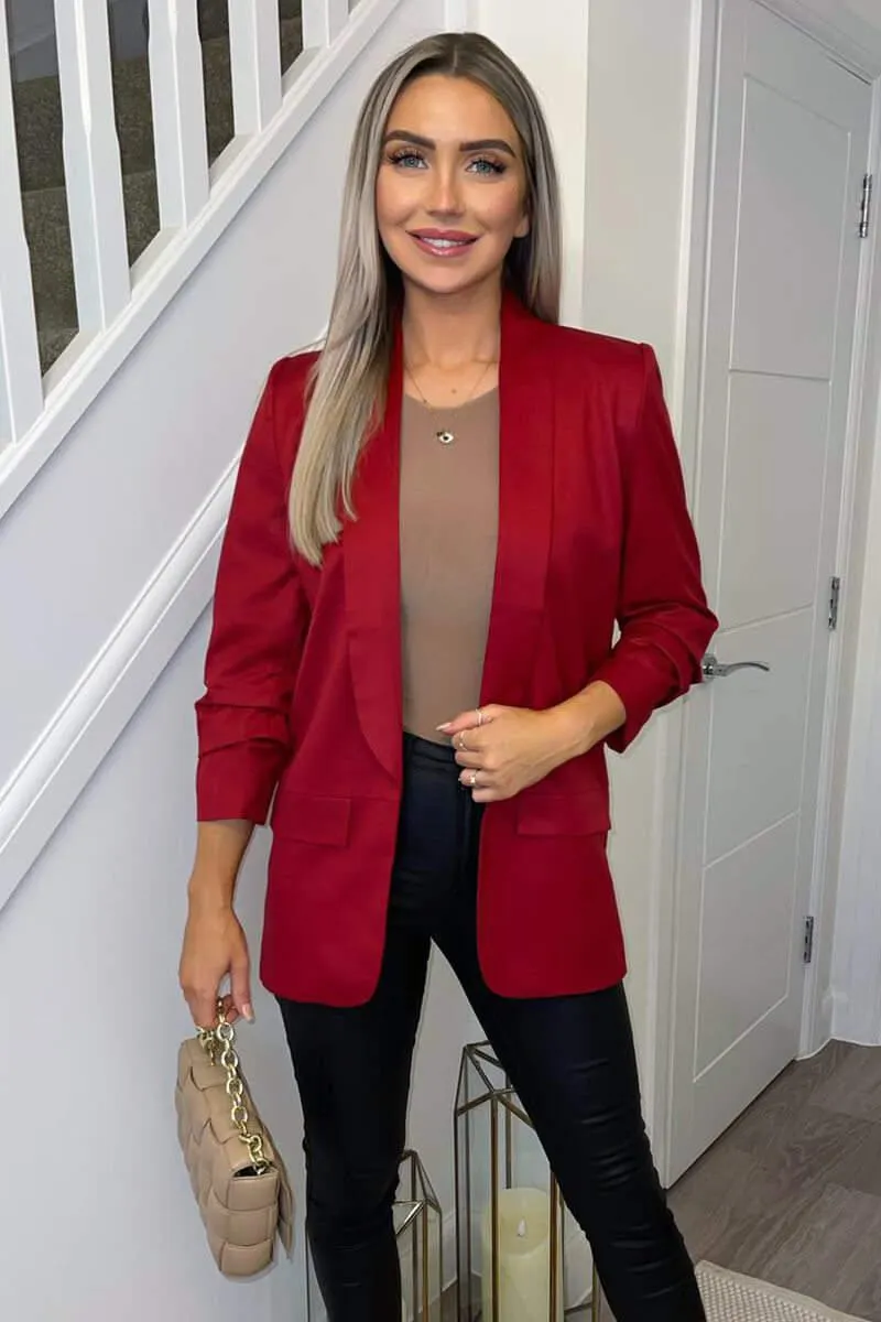 Red Ruched Sleeve Blazer
