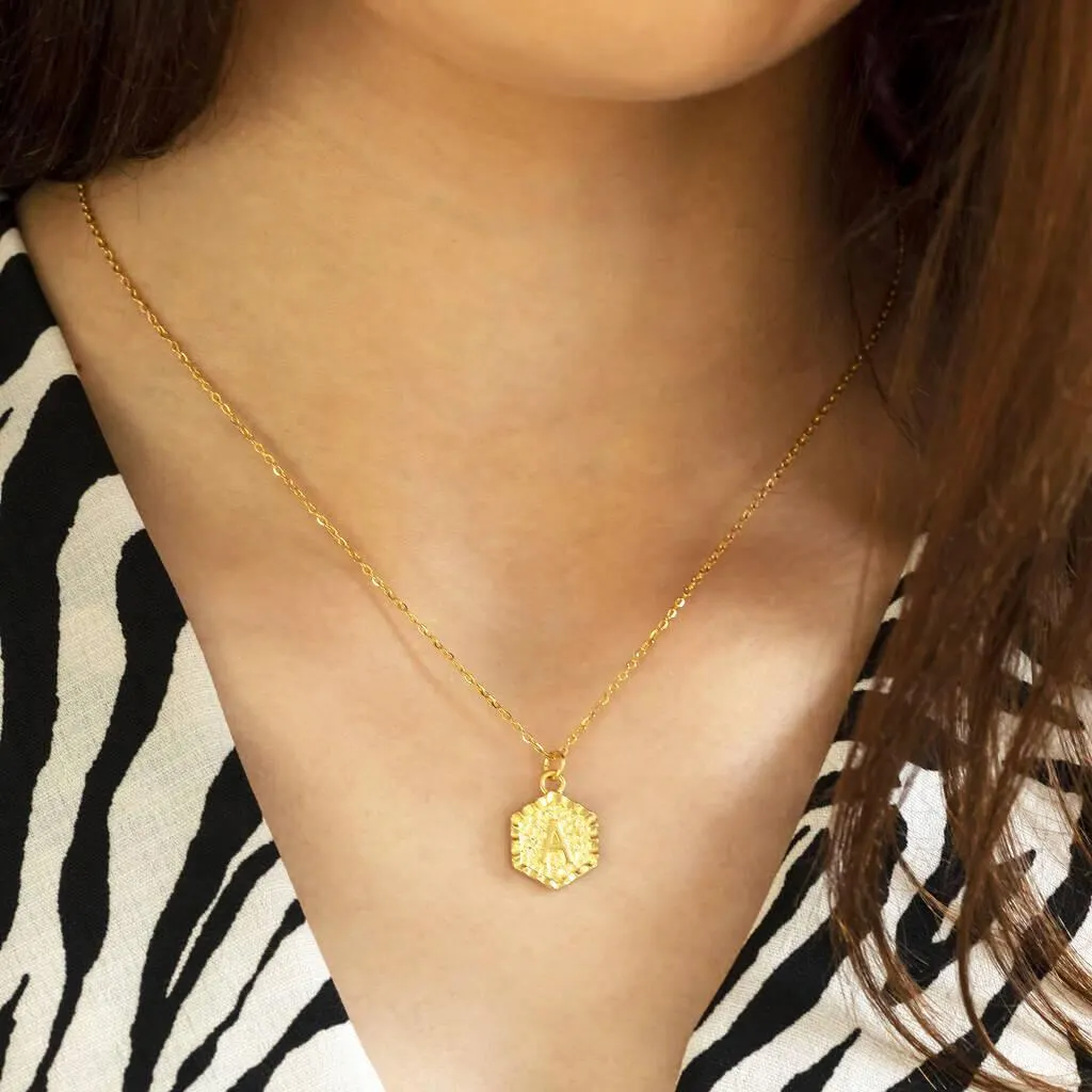 Textured Hexagon Initial Necklace