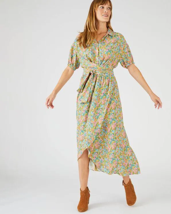 Lange jurk met wikkeleffect in gebloemde crêpestof