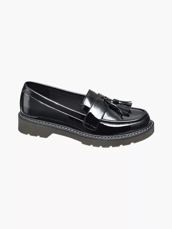 Ladies Black Chunky Patent Tassel Loafers