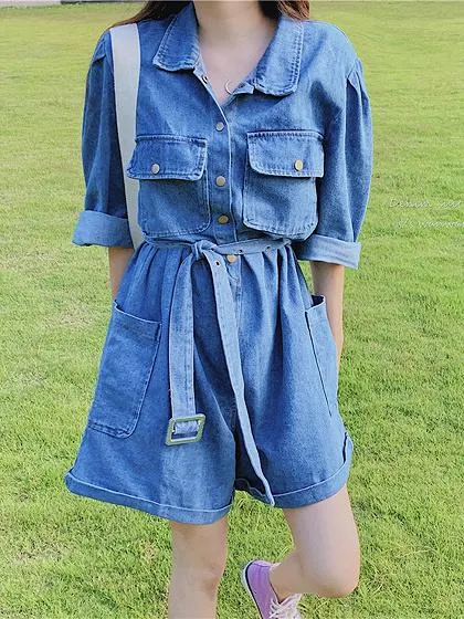 Blue Denim Tie Waist Romper Playsuit