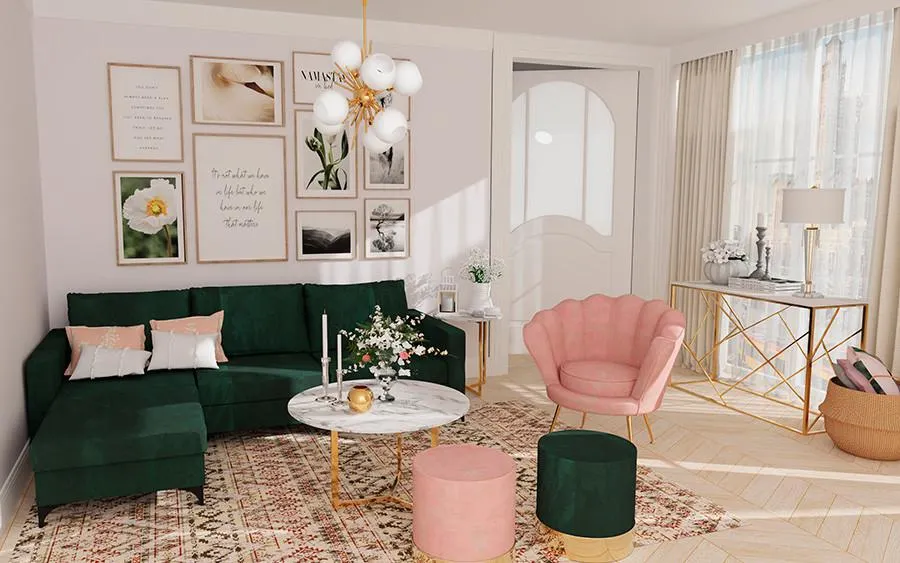 Narożnik Milano (plusz zieleń) ze stolikiem - aranżacja