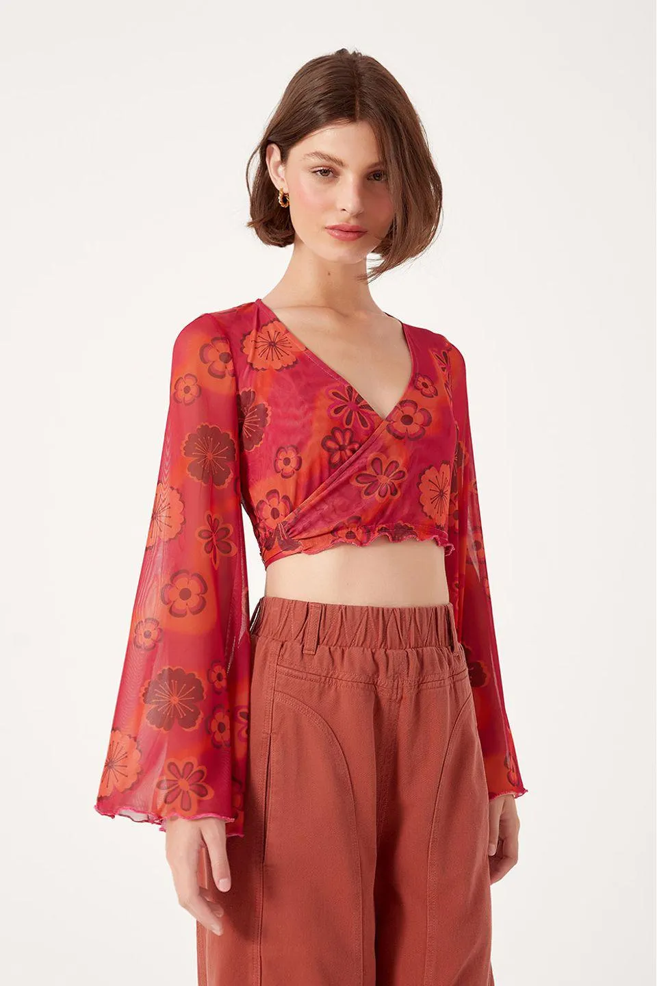 Blusa Transpassada Tule Estampa Retrô