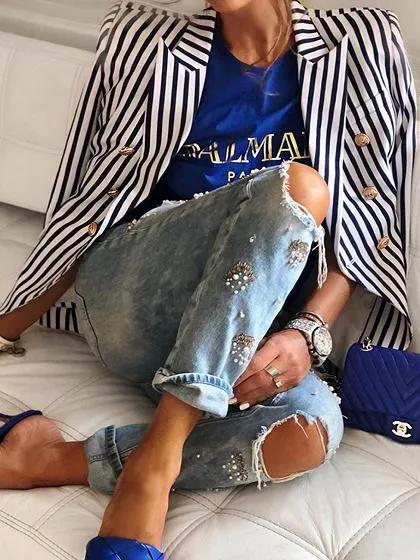 Blue Stripe Lapel Neck Long Sleeve Blazer