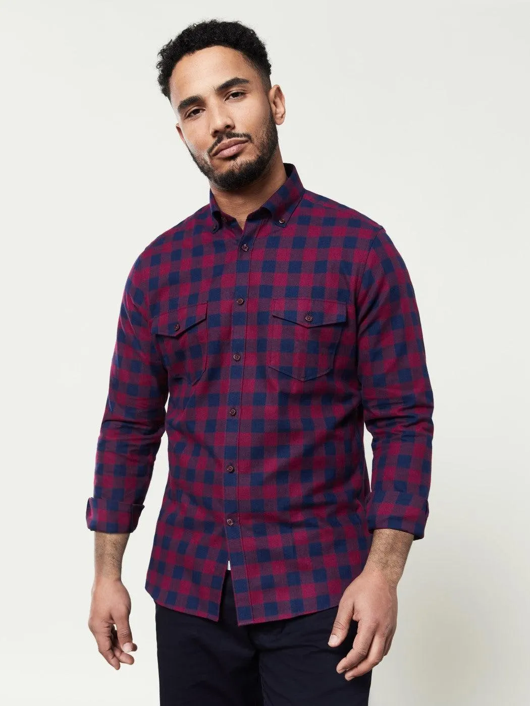 Navy and Burgundy Buffalo Check Flannel Shirt