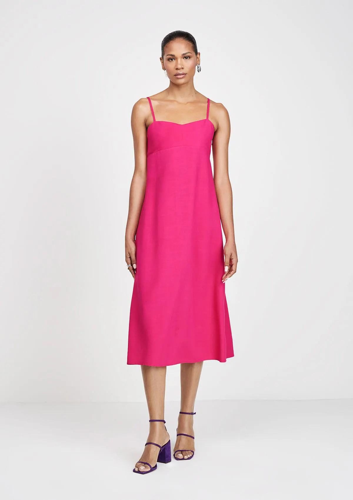 Vestido Midi Decote V Alças Finas Em Linho - Rosa