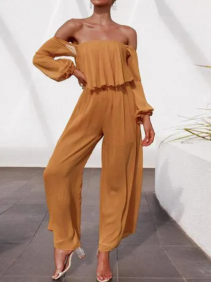 Orange Off Shoulder Ruffle Trim Puff Sleeve Jumpsuit