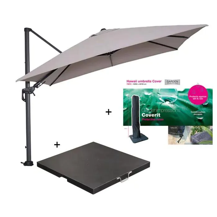 Hawaii zweefparasol 300x300 cm donker grijs/zand met 90 kg parasolvoet en parasolhoes